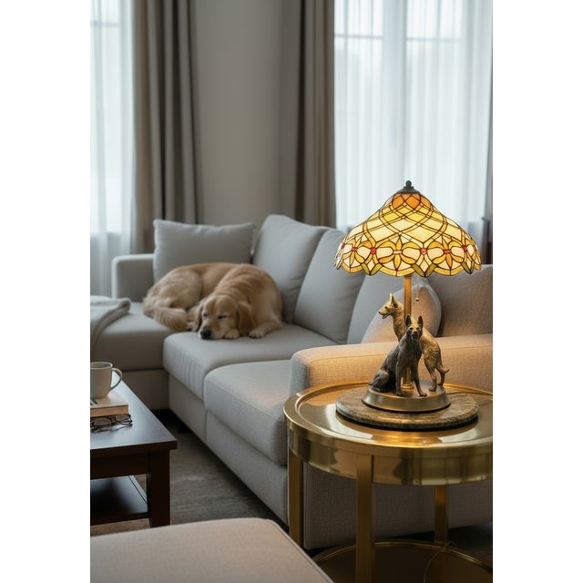 Vintage Tiffany-Style Dog Table Lamp, 1950s Distinctive vintage table lamp featuring a Tiffany-style shade and a...