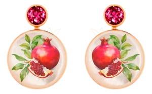 Mother of Pearl Shell Stud Earrings With Garnet and Pomegranate Painting, A Pair