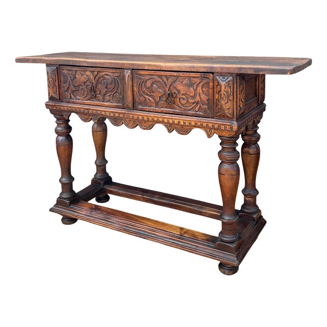 Spanish Renaissance Oak Console Table with Two Carved Drawers, 1890s For Sale