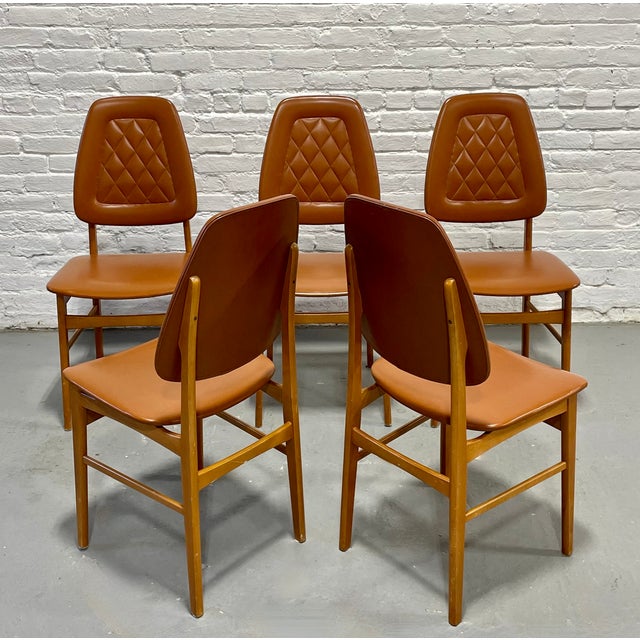 Brown Set of 5 - Mid Century Modern Scandinavian Dining Chairs | Diamond Stitched Upholstery, C. 1960's For Sale - Image 8 of 15