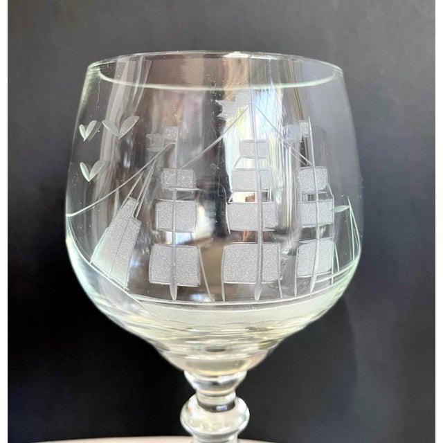 Glass Vintage Etched Ship Schooner Decanter and Glasses Set of 6 For Sale - Image 7 of 13