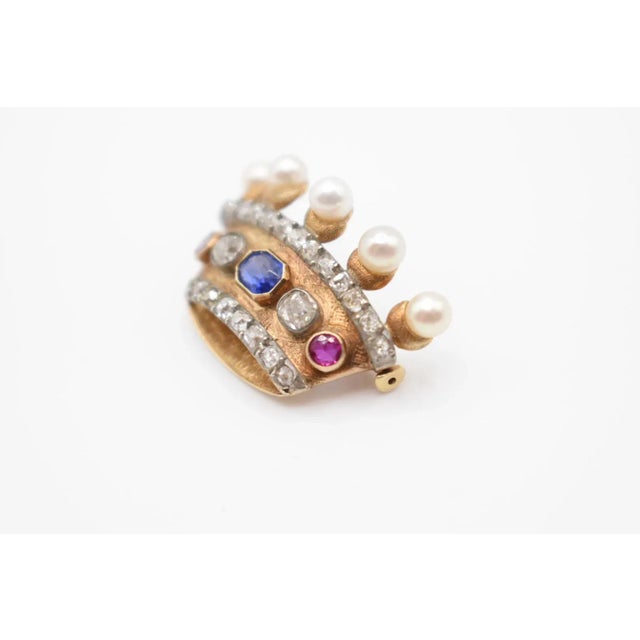 Mid 20th Century Antique Pearl, Ruby, Sapphire and Diamond Crown Brooch For Sale - Image 5 of 9