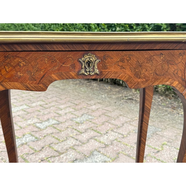 1860 French Artisan Louis XV Brown Marquetry Center Table-1 Pc For Sale - Image 9 of 17