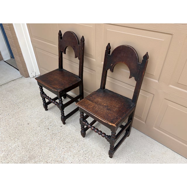 Wood 17th Century English Yorkshire Oak Backstool Chairs, a Pair For Sale - Image 7 of 17
