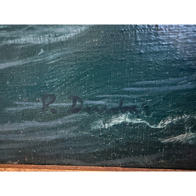 This antique oil on canvas depicts a dramatic maritime scene with a tall sailing ship navigating rolling open seas beneath...