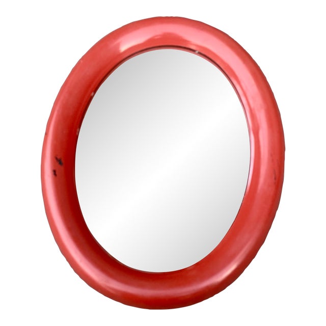 1960s Vintage Knobler Japan Space Age Mid-Century Modern Red Oval Mirror For Sale