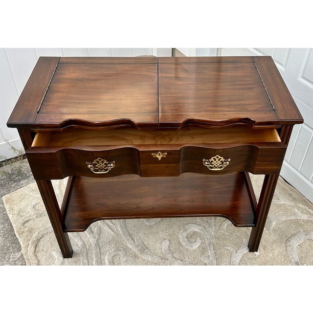 Vtg. Harden Chippendale Style Flip Top Cherry Server/Bar Table W/Drawer & Shelf For Sale - Image 10 of 14
