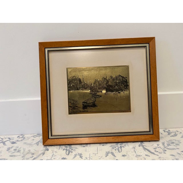 Vintage framed print of Lionel Barrymore’s “San Pedro,” featuring a California harbor scene with fishing boats, docks and...