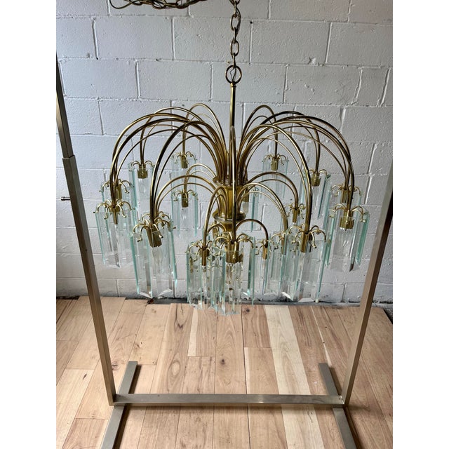 Italian 1970s Italian Brass and Beveled Glass Waterfall Chandelier For Sale - Image 3 of 9