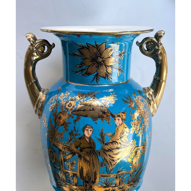 Pair of French Paris Porcelain Chinoiserie Gilt and Cerulean Blue Ground Vases For Sale - Image 12 of 15