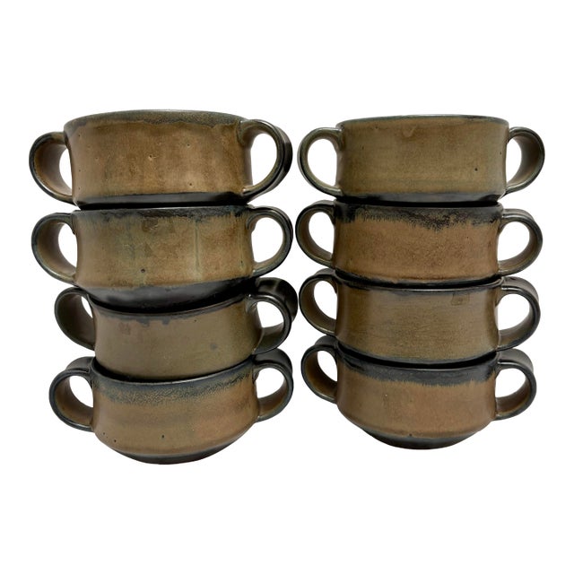 Vintage Earthy Farmhouse Stoneware Bowls, Set of Eight For Sale