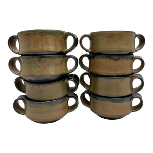 Vintage Earthy Farmhouse Stoneware Bowls, Set of Eight