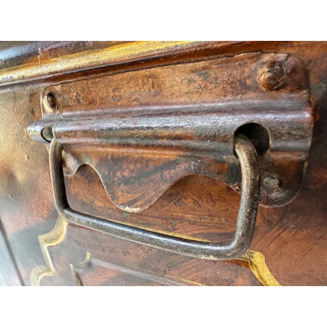 Antique Faux Bois Steel Steamer Trunk Chest Painted Wood Grain Blue Interior 23” For Sale - Image 10 of 16
