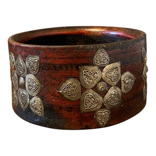 1940s Large Antique Moroccan Wooden Bowl With Brass Overlay For Sale