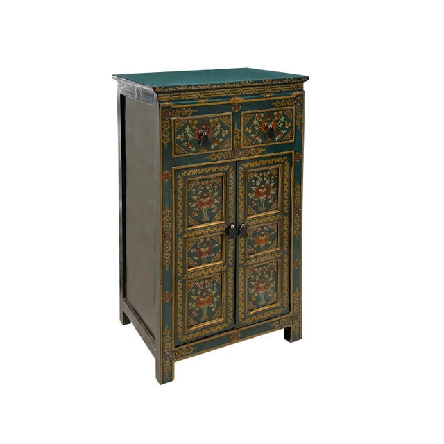 Distressed Teal Blue Green Tibetan Floral End Table Nightstand Cabinet For Sale - Image 4 of 6
