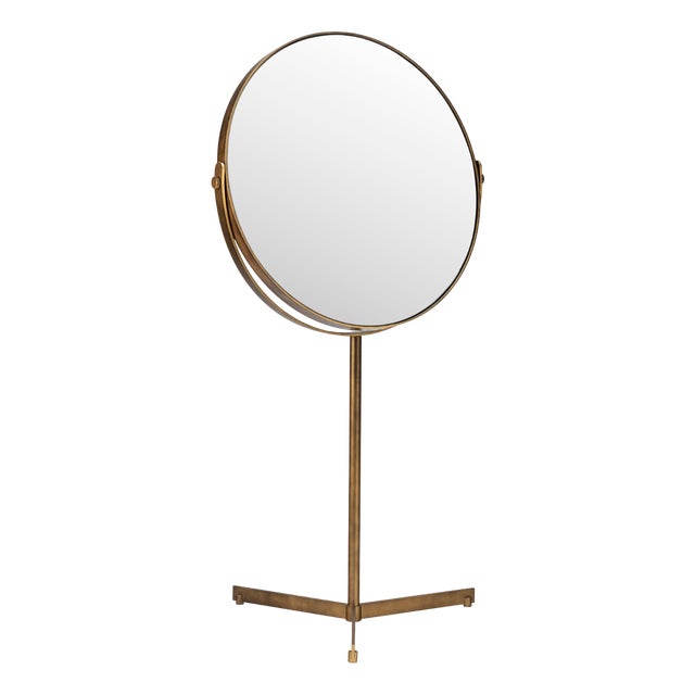 Italian Round Freestanding Mizar Mirror in Burnished Metal For Sale