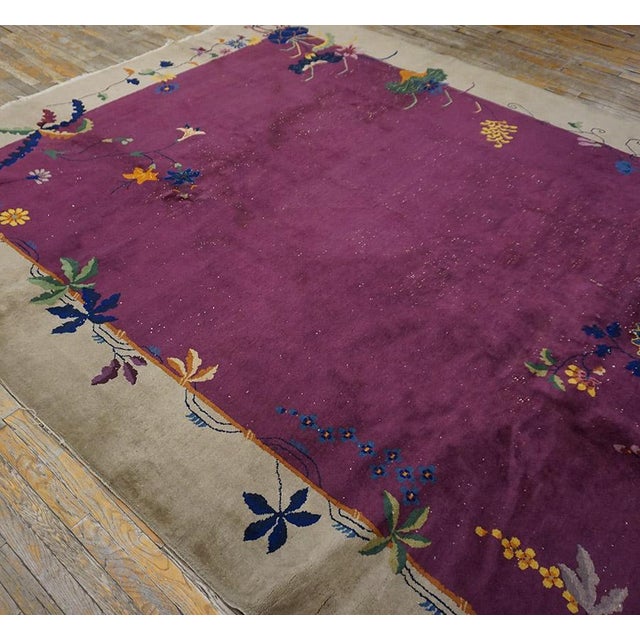 1920s Purple Flora Modern Antique Chinese Art Deco Rug 9' X 11'8" Handknotted Wool Carpet For Sale - Image 4 of 9