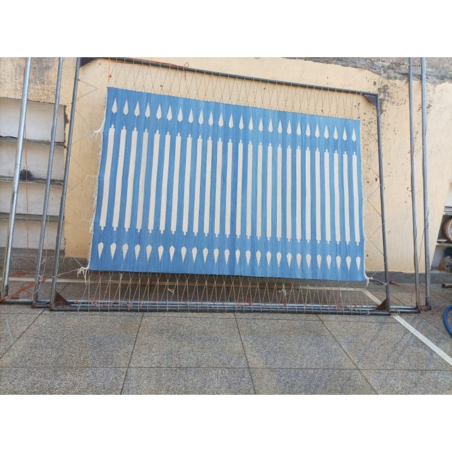 Handwoven Cotton Area Rug Vegetable Dyed Sky Blue and White Striped Dhurrie - 13'x18' For Sale - Image 12 of 12