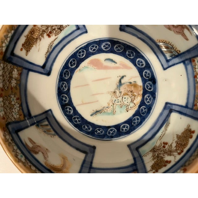 Japanese Antique Colored Imari Bowl With Gold Edge and Detailed Painting - Horse in Center For Sale - Image 3 of 18