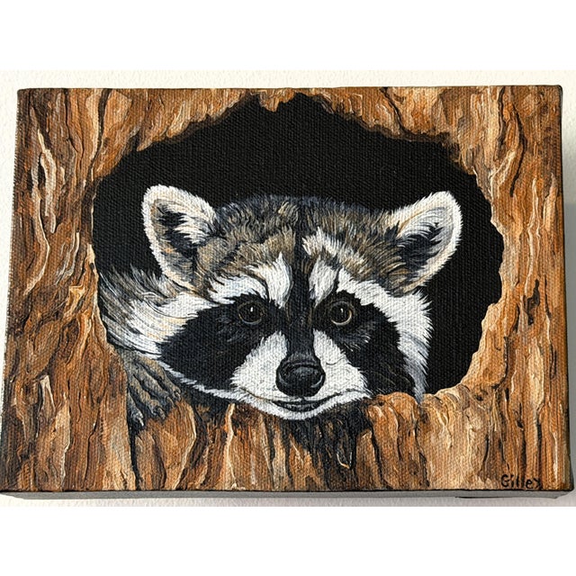 Wood Original Wildlife Painting Pair by Patti Gilley – "Night Crawler" & "Peek-a-Boo" Raccoon Art For Sale - Image 7 of 18