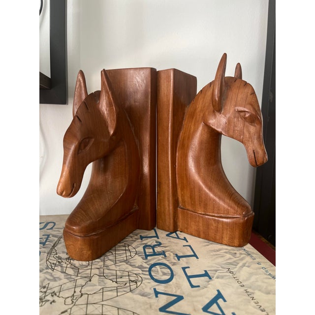 1960s Vintage Hand-Carved Wooden Horse Head Bookends-a Pair For Sale - Image 4 of 12