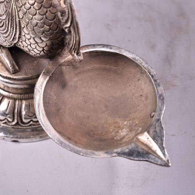 Silver-Plated Phoenix Oil Lamp With Gemstone Inlay, 845g, Figural Bird Ewer For Sale In Los Angeles - Image 6 of 9
