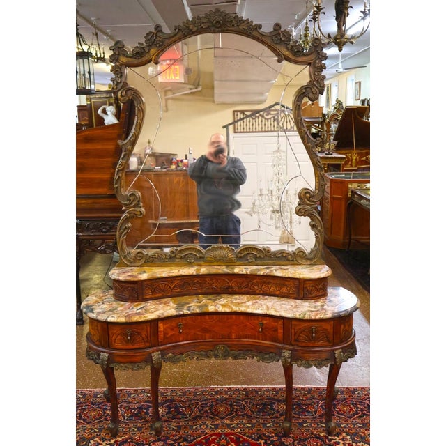 ​French Louis XV Style Inlaid Walnut Marble Top Etched Mirror Vanity Circa 1920's Dimensions : 85" tall X 56" Wide X 17"...