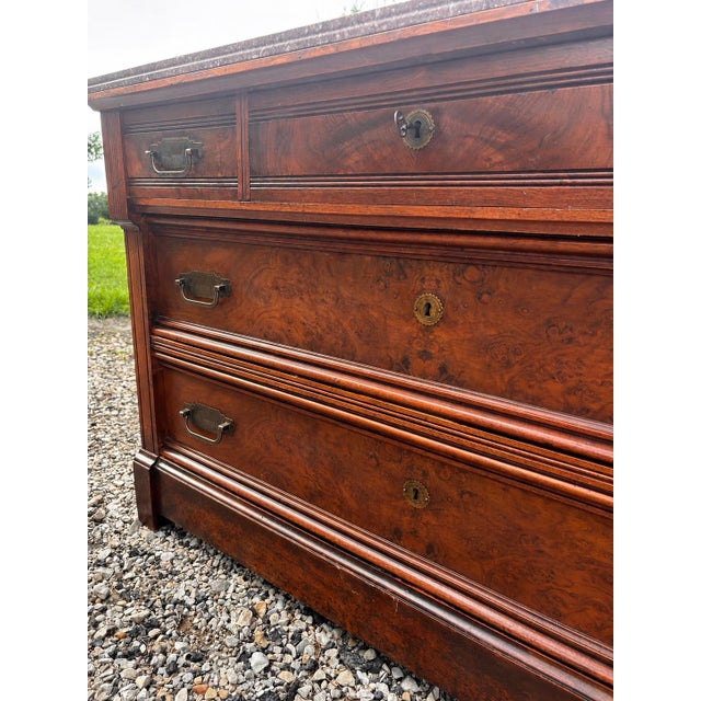 Antique American Black Walnut Burl Victorian Marble Top Dresser With Original Nautical Brass Hardware, Circa 1895–1905 For Sale - Image 11 of 12