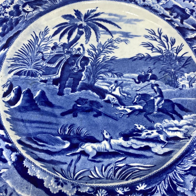 A fine 19th century blue and white Staffordshire transferware plate, c. 1850. The plate is from the Oriental Sport series...