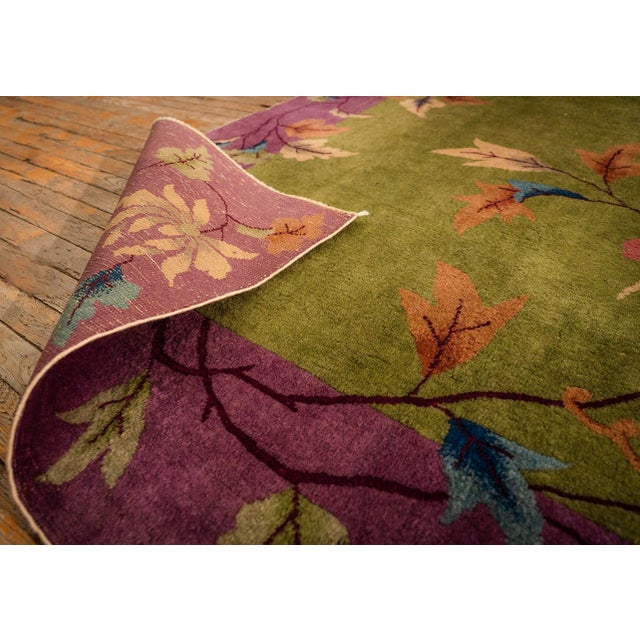 1920s Green Field Floral & Purple Border Knotted Wool Antique Chinese Art Deco Rug For Sale - Image 9 of 9