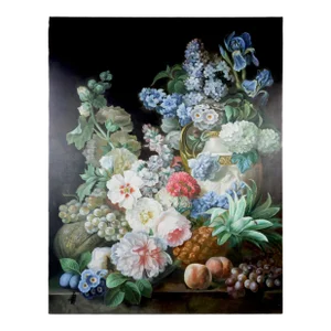 Still Life Oil Painting on Canvas Includes Flowers, Fruits, and Vases.