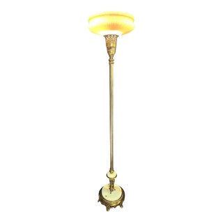 1920s Art Deco Brass Torchiere With Pearlescent Shade For Sale