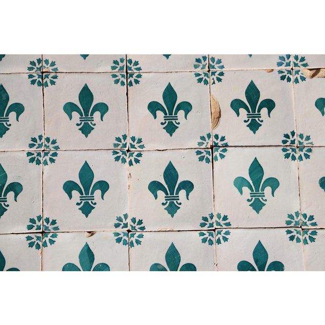 Ceramic Antique 19th Century Portuguese Heraldic Motif Tiles With Teal Fleur-De-Lis Set of 28 For Sale - Image 7 of 14