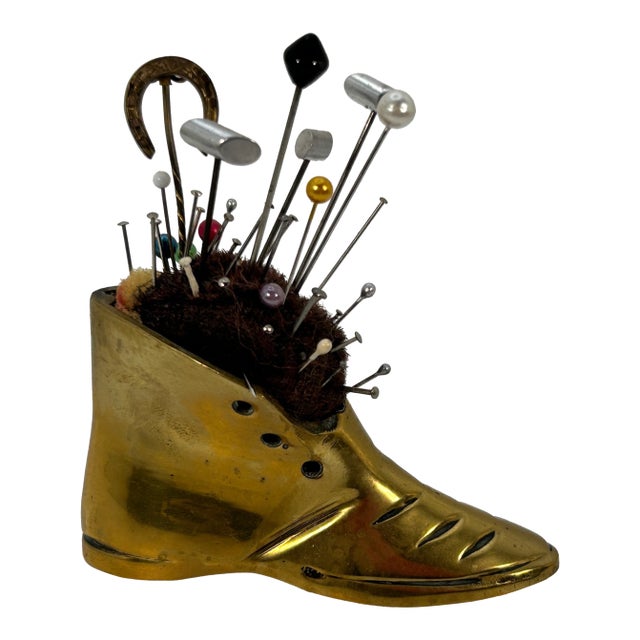 Antique Brass Boot Pincushion With Antique Pins For Sale