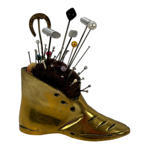 Antique Brass Boot Pincushion With Antique Pins