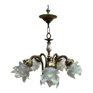 Vintage Five Light Brass Hanging Fixture With Frosted Blown Glass Shades For Sale
