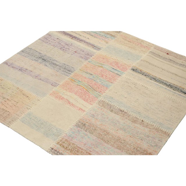 Contemporary Rug & Kilim’s Patchwork Kilim Square Rug in Polychromatic Stripes For Sale - Image 3 of 7
