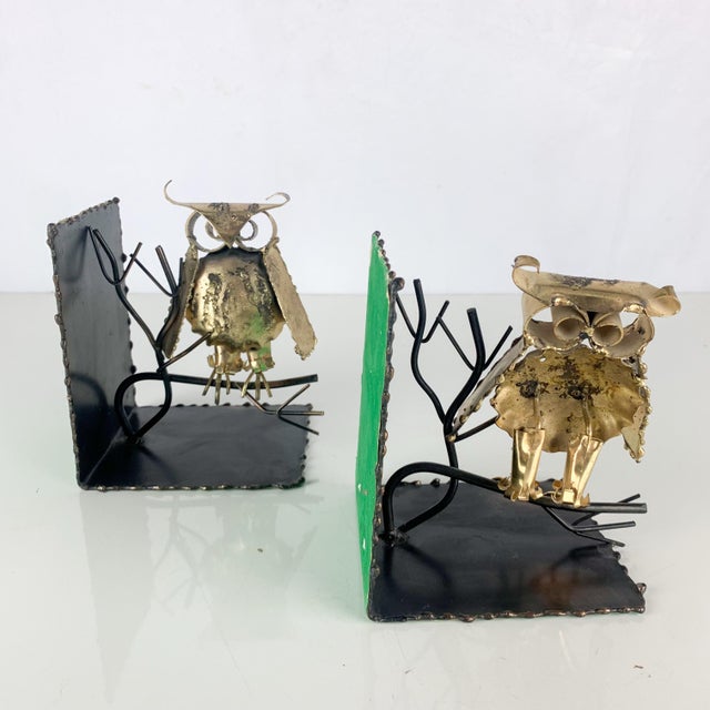 Brutalist Vintage C Jere Style Brutalist Metal Owl Branch Sculpture Bookends Mid Century For Sale - Image 3 of 8
