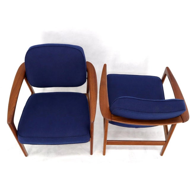 Pair of New Blue Upholstery Teak Danish Mid-Century Modern Arm Lounge Chairs For Sale - Image 12 of 13