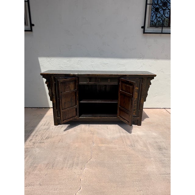 Vintage Chinese Black Lacquer Chinoiserie Sideboard W/ Hand-Painted Gilt Decoration For Sale - Image 4 of 15