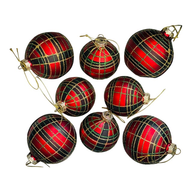 Vintage Martha Stuart Plaid Glass Christmas Ornaments Set For Sale