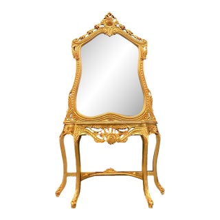 20thC Gilded Louis XVI Rococo Beech Console Marble Top + Mirror, 2-Piece For Sale