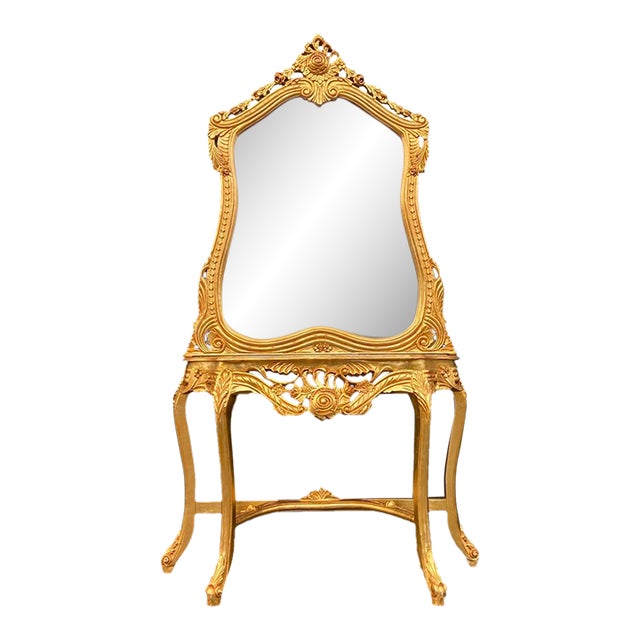 20thC Gilded Louis XVI Rococo Beech Console Marble Top + Mirror, 2-Piece For Sale