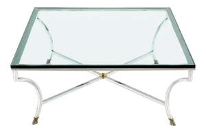 Mid-Century Modern Glass Top Square Coffee Table With Chrome and Brass Hoof-Feet Base