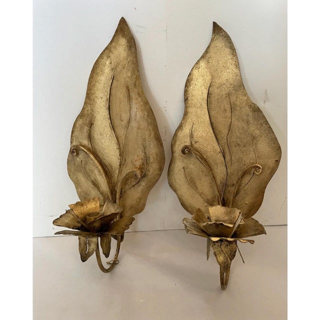 Vintage Late 20th Century Gilt Iron Sheet Candle Sconces With Leaf Design - A Pair For Sale In Atlanta - Image 6 of 6