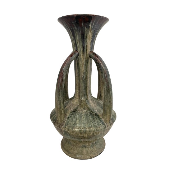 Mid-Century Modern Large Santorini 4 Handle Drip Glaze Ceramic Vase in Green and Brown For Sale - Image 3 of 6