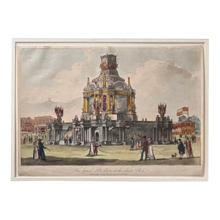 1814 Historical Hand Colored Etching of the Grand Pavilion Erected in Green Park, London For Sale