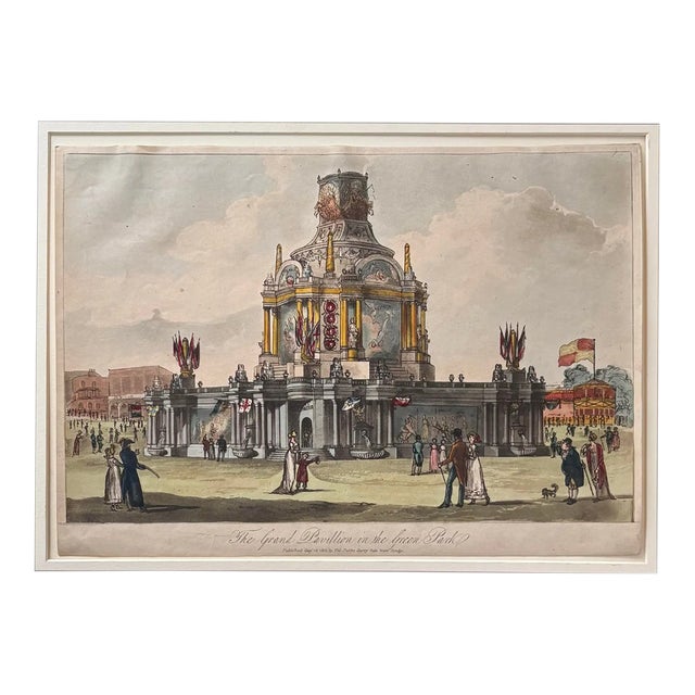 1814 Historical Hand Colored Etching of the Grand Pavilion Erected in Green Park, London For Sale