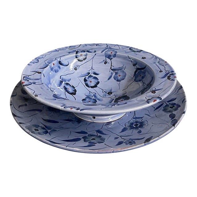 Vintage Moroccan Safi Hand-Painted Periwinkle Blue Ceramic Presentation Set – 16.5" Platter & Footed Bowl For Sale
