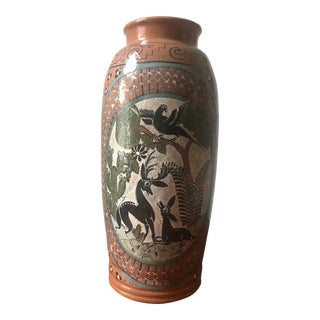 Vintage Large Highly Detailed Stag Fantasma Signed Tonala Tlaquepaque Jalisco Pottery Vase For Sale